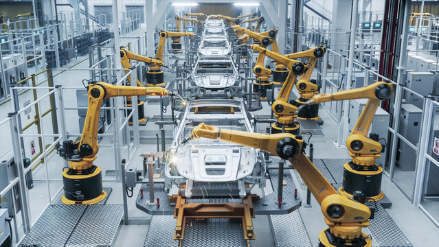 Sparks Fly as Rows of Yellow Industrial Robot Arms Spot Weld Unpainted Car Chassis Advancing Down a Smart Assembly Line Inside a High Tech Automated Automobile Manufacturing Plant.