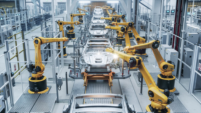 Symmetrical Aerial Perspective Down a Fully Automated Production Corridor Where Yellow Robotic Manipulators Join Aluminum Vehicle Frames on Conveyor Pallets Inside a Spotless Car Plant.
