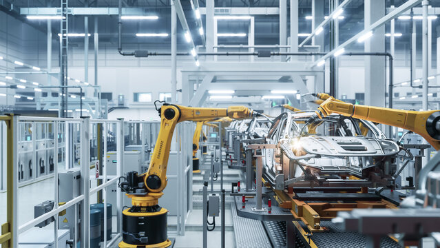 Wide Angle Interior of Automated Automotive Plant Where Yellow Robotic Arms Weld Car Frames Advancing on Conveyor Pallets Past White Guard Railings and Steel Beams.
