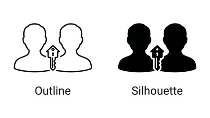 Fototapeta premium User Account Security Icons: Two human silhouette icons, one outlined and one solid, are displayed side-by-side with a key symbol between them, representing security, access, and privacy.