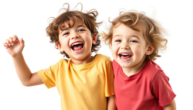 Joyful children laughing with playful expressions in colorful shirts, capturing the essence of childhood happiness and friendship in a bright environment