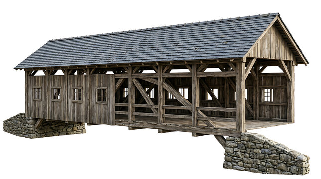 Rustic wooden covered bridge with stone foundation isolated on white background