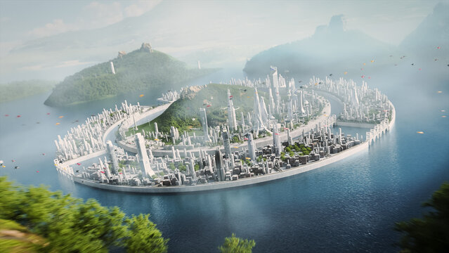 Aerial Drone Flyover of Island City of Glass Towers, Seawall Engineering, and Smart Eco Buildings. Wind Generation and Forest Buffers, Ring Skyline, Resilient Transit Loops, Low carbon Infrastructure.