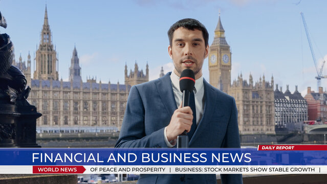 Anchor Delivers a Live Finance Segment on London&rsquo;s Thames Embankment, Talking into Microphone with Big Ben and Parliament in Background. Lower-third Banner Show Stock Market and Politics News