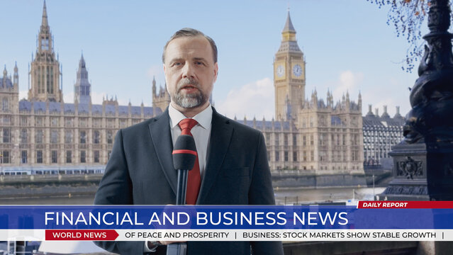 Correspondent Delivers a Live Financial and Business News Report on Location. Presenting Market Headlines, Economic Analysis, and a Daily World News Update.