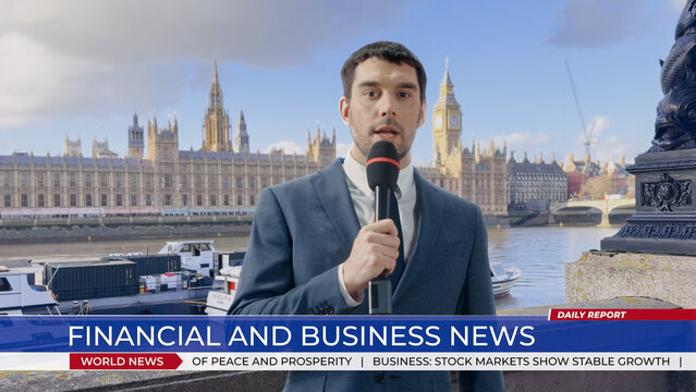 Newscaster Holds a Microphone and Delivers a World News Segment to Camera on the Thames Riverside by Westminster Palace and Big Ben, Lower Third Graphics Headlining Financial and Business Updates