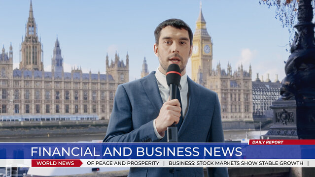 Reporter Reports on Business News Outdoors, Speaking Into a Handheld Microphone. On screen Lower third, Ticker, daily Report Graphics, Referencing Politics and Economy. Realistic Mock-up