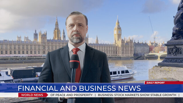 News Anchor Holds a Mic and Reports Economic Headlines on Camera Beside the River Thames, Westminster Palace, Big Ben and Passing River Cruisers Filling the Backdrop