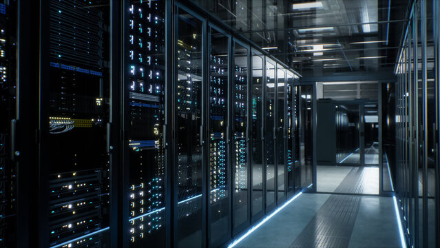 Modern Data Center Server Room. Rack Rows with Mainframes Filled with GPU and CPU in Data Center Corridor. 