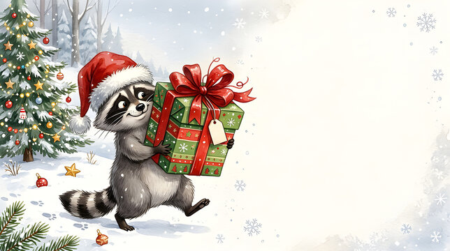Funny Christmas card template featuring an adorable mischievous cartoon raccoon sneaking away with an oversized wrapped Christmas present from the lower-left corner, expressive face, crooked Santa hat