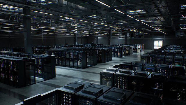 Modern Data Center Server Room. Elevated Wide View Big Warehouse Hyperscale Data Center With Server Clusters. Big Data AI Optimized No People Autonomous Facility