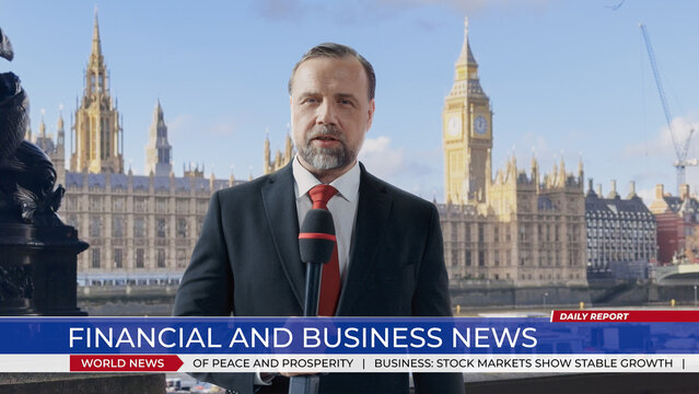 Anchor Delivers a Live Finance Segment on London&rsquo;s Thames Embankment, Talking into Microphone with Big Ben and Parliament in Background. Lower-third Banner Show Stock Market and Politics News