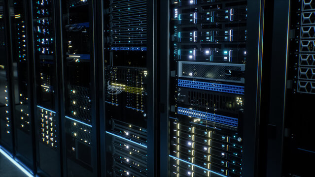 Modern Data Center Server Room. Close up View Through Perforated Cabinet Doors Reveals Stacked Rack Mounted Servers, Patch Panels and Cable Bundles Inside a Data Center Aisle Where Ai Models Train.