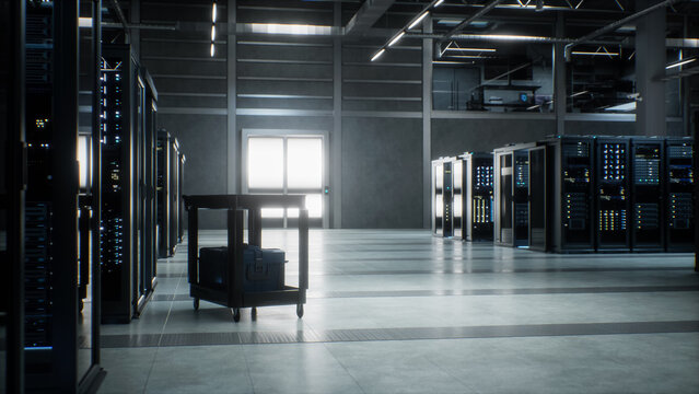 Modern Data Center Server Room. Wheeled Maintenance Trolley With a Hard Shell Equipment Case Sits Idle in the Aisle Between Server Cabinet Rows as Ai Compute Racks Handle Data Processing Tasks.
