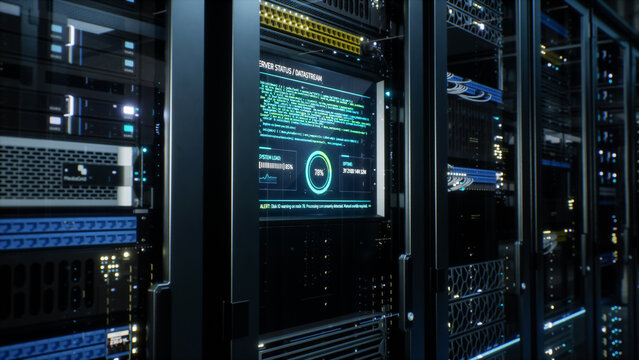 Server Rack Monitor Displays Live Status Dashboard Inside a Modern Data Center, Tracking System Load, Capacity and Uptime Statistics as Ai Infrastructure Processes Streaming Code.