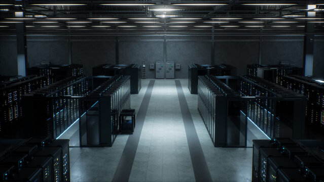Modern Data Center Server Room. Symmetrical Rows of Tall Server Cabinets Line a Polished Corridor Ending at Wall Mounted Power Distribution Panels and a Maintenance Ladder Where Ai Training Jobs Run.