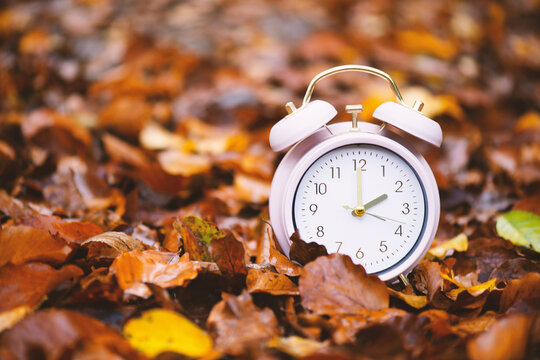 End of daylight saving time in autumn, winter time changeover, alarm clock fall back switch, colorful foliage in forest