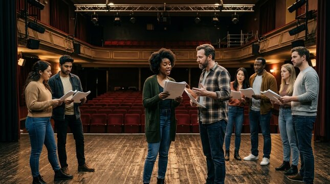 Diverse Group of Creative Actors Rehearsing Script on Classic Theater Stage