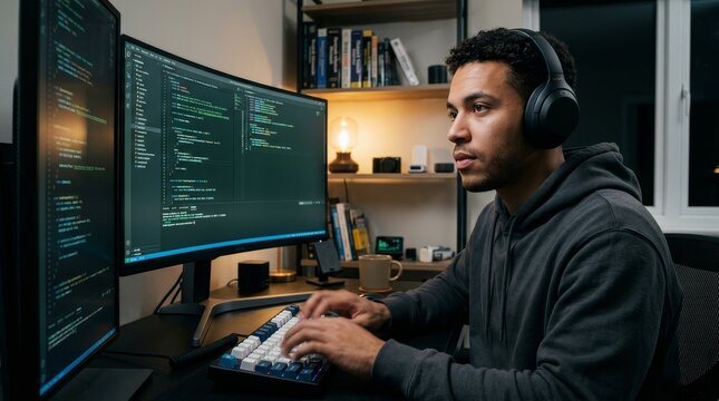 Young Software Developer Working Late on Code with Dual Monitors and Headphones in Cozy Home Office