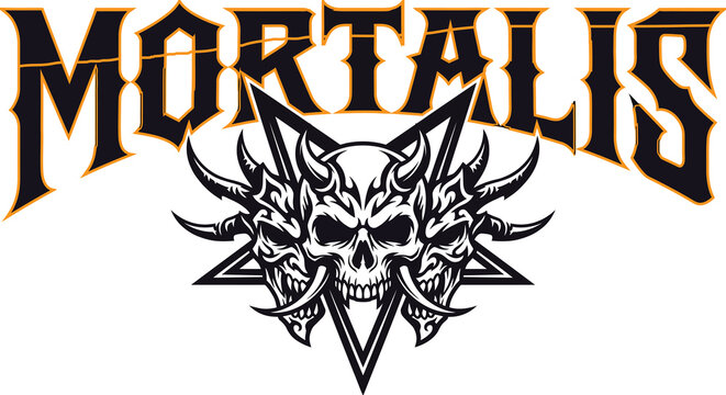 Bold gothic vector graphic featuring "MORTALIS" typography, a three-headed horned demonic skull, and an inverted pentagram with clean edges. Download today!
