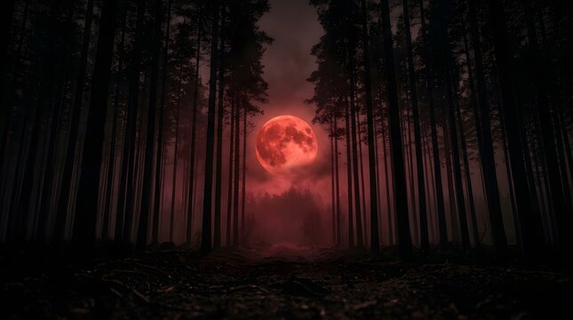 A spooky dark forest with a glowing red full moon wishing everyone a very happy halloween night