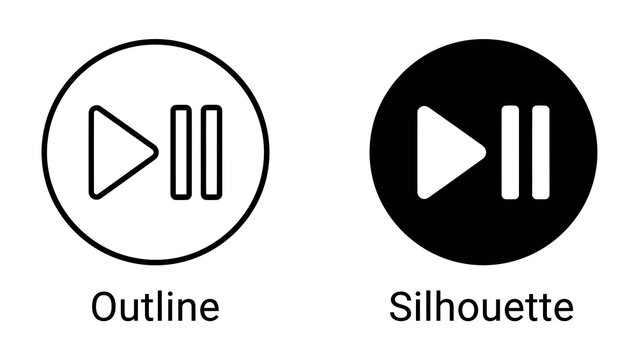 Play and Pause Icons: A set of circular icons featuring a play symbol and pause symbol, presented in both outline and solid silhouette styles, symbolizing media control and playback functionality.