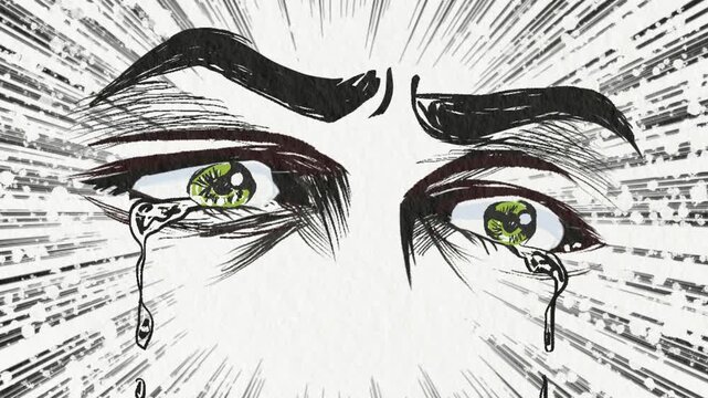 失恋し号泣する昔の少年誌風主人公の濃い顔男性ドアップアニメ