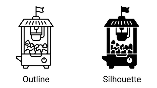 Popcorn Machine Icon Set: Two stylized icons of a popcorn machine, one outlined and the other a solid silhouette, ideal for graphic design and culinary applications.