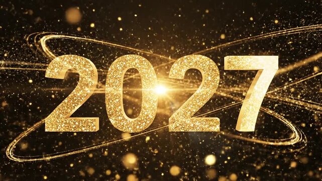 Golden 2027 numbers with festive sparkles on dark background
