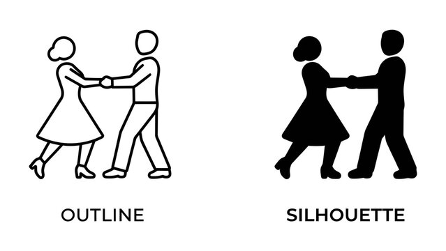 Dancing Pair Icon: A graphic representation of a couple dancing, presented as both an outline and a silhouette, symbolizing movement and partnership.