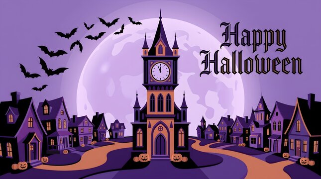 A spooky night scene featuring a gothic clock tower and flying bats with the text happy halloween in a purple moonlit background