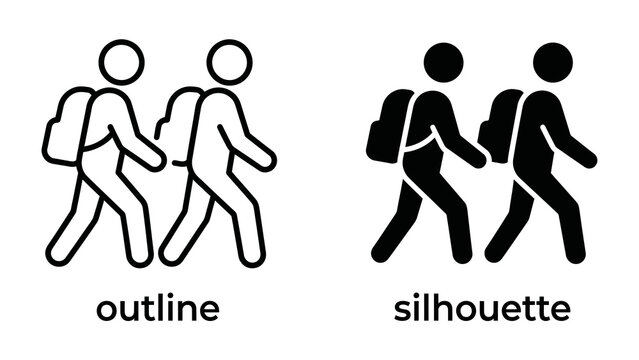Hiking Duo: Two hikers, one in outline and the other in silhouette, carry backpacks and walk side by side, representing the spirit of adventure and exploration.