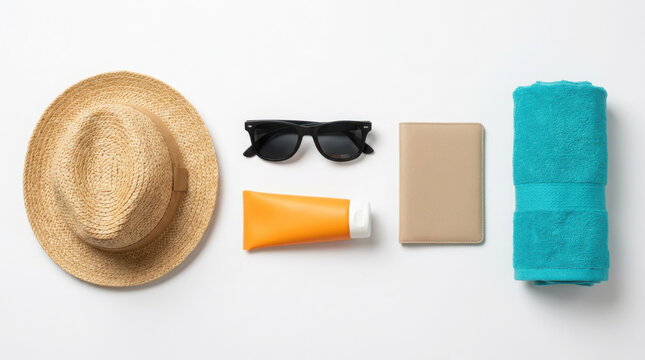 Summer vacation travel accessories including a straw hat, sunglasses, sunscreen, generated using ai