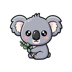 Naklejka premium Cute cartoon koala bear holding a small eucalyptus branch illustration.