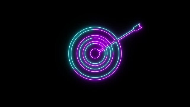 A glowing pink and cyan neon target with an arrow hitting the center on black background. Glowing neon business goals achievement target icon.