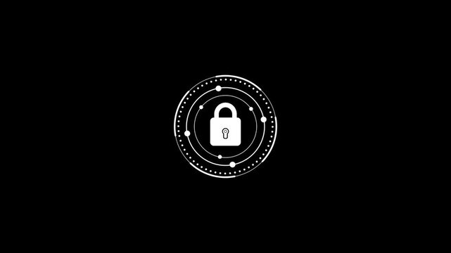 Futuristic security shield icon with locked padlock on black screen. Animated of safety icon, security icon, privacy icon, password icon.