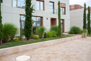 Fototapeta premium Modern courtyard landscaping with paved walkway, ornamental green plants, and building exterior. Real Photo