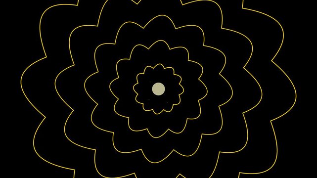 Golden concentric flower pattern loop animation with blooming floral lines on black background