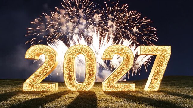 Golden 2027 numbers with fireworks in night field