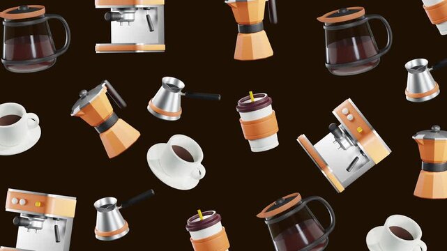 Coffee 3D render icons pattern background, smooth random movement in seamless looping animation