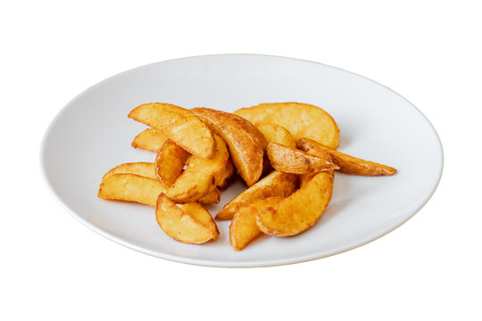 Potato wedges on white plate with transparent background