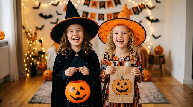 Two joyful young girls wearing witch costumes celebrating a fun and spooky happy halloween party at home
