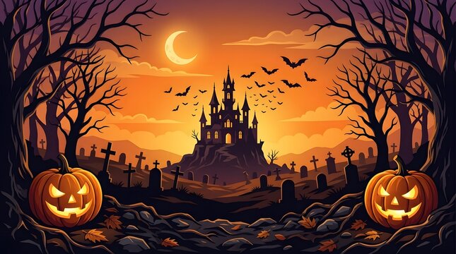 Spooky haunted castle landscape with glowing pumpkins and bats for a festive happy halloween holiday background design