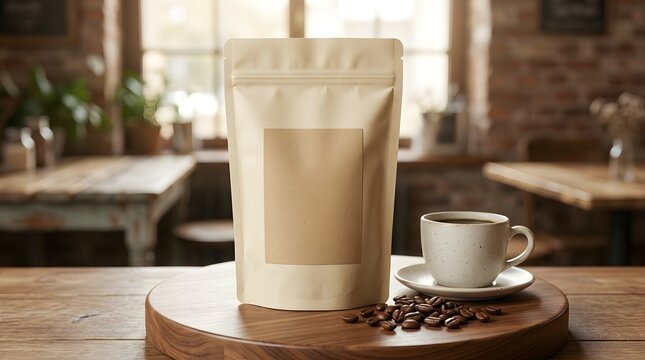 Close-up of matte stand-up pouch mockup with coffee beans and cup on wooden table
