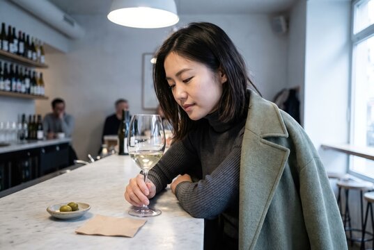 Generative AI, Elegant Asian woman enjoying white wine at a modern wine bar