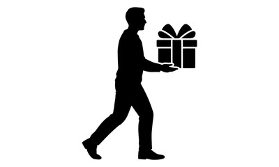 Vector Silhouette Of Man Walking Carrying Gift Box Isolated Transparent Background