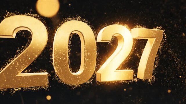 Golden 2027 numbers with sparkling explosion on black background
