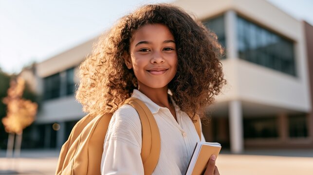 Elementary school girl wearing a simple new backpack, ready for class