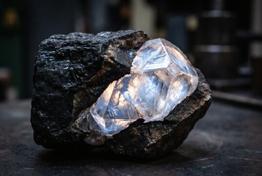 Large raw uncut diamond crystal with inner glow embedded in black coal rock on dark background, hidden value and diamond in the rough concept