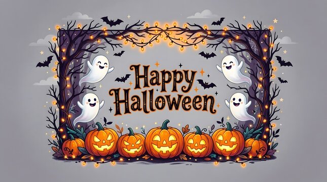 Festive happy halloween greeting card design featuring spooky ghosts and glowing jack o lantern pumpkins in a forest